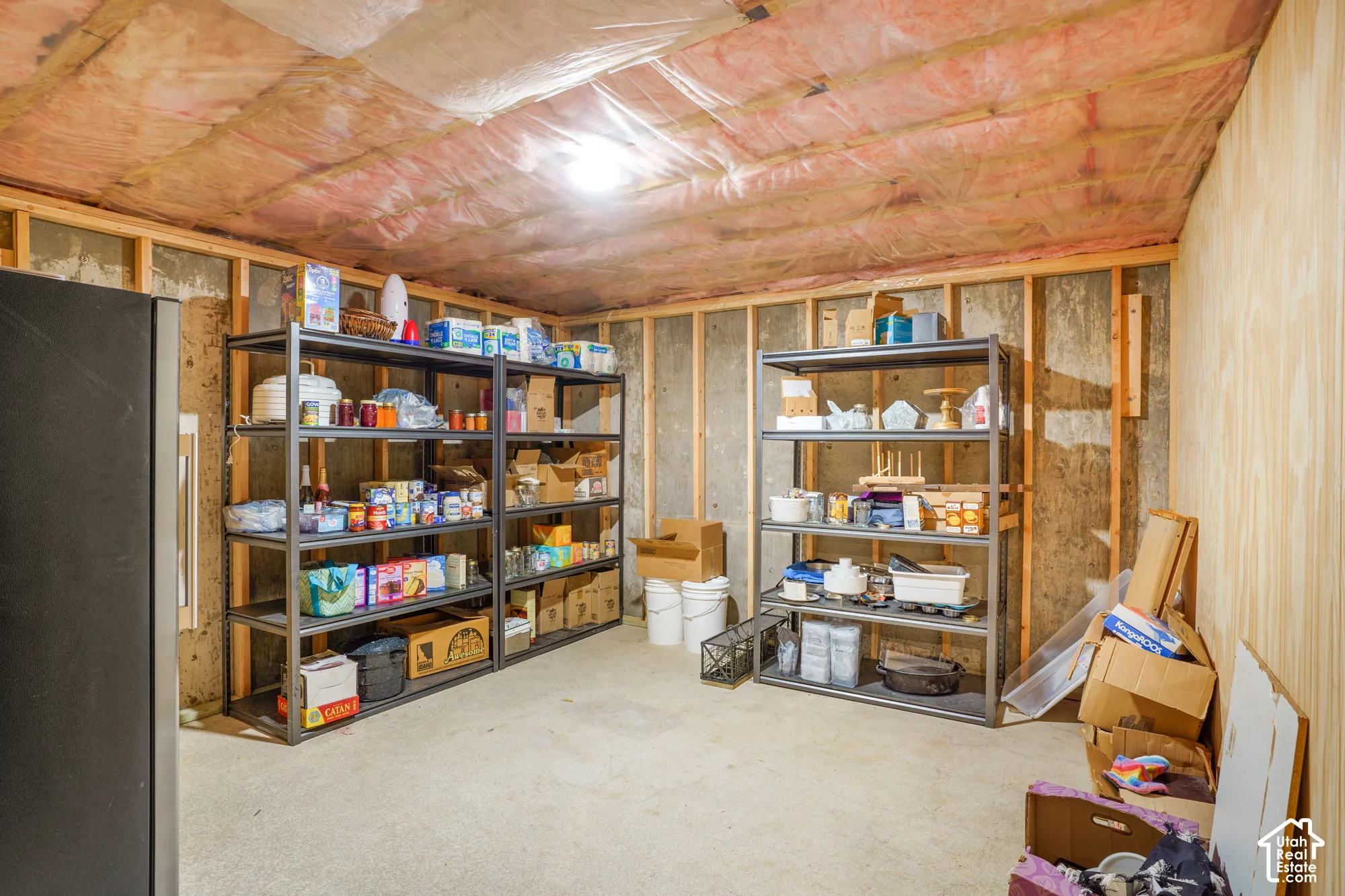 Unfinished storage space featuring exposed concrete walls, exposed wood framing, and exposed fiberglass ceiling insulation