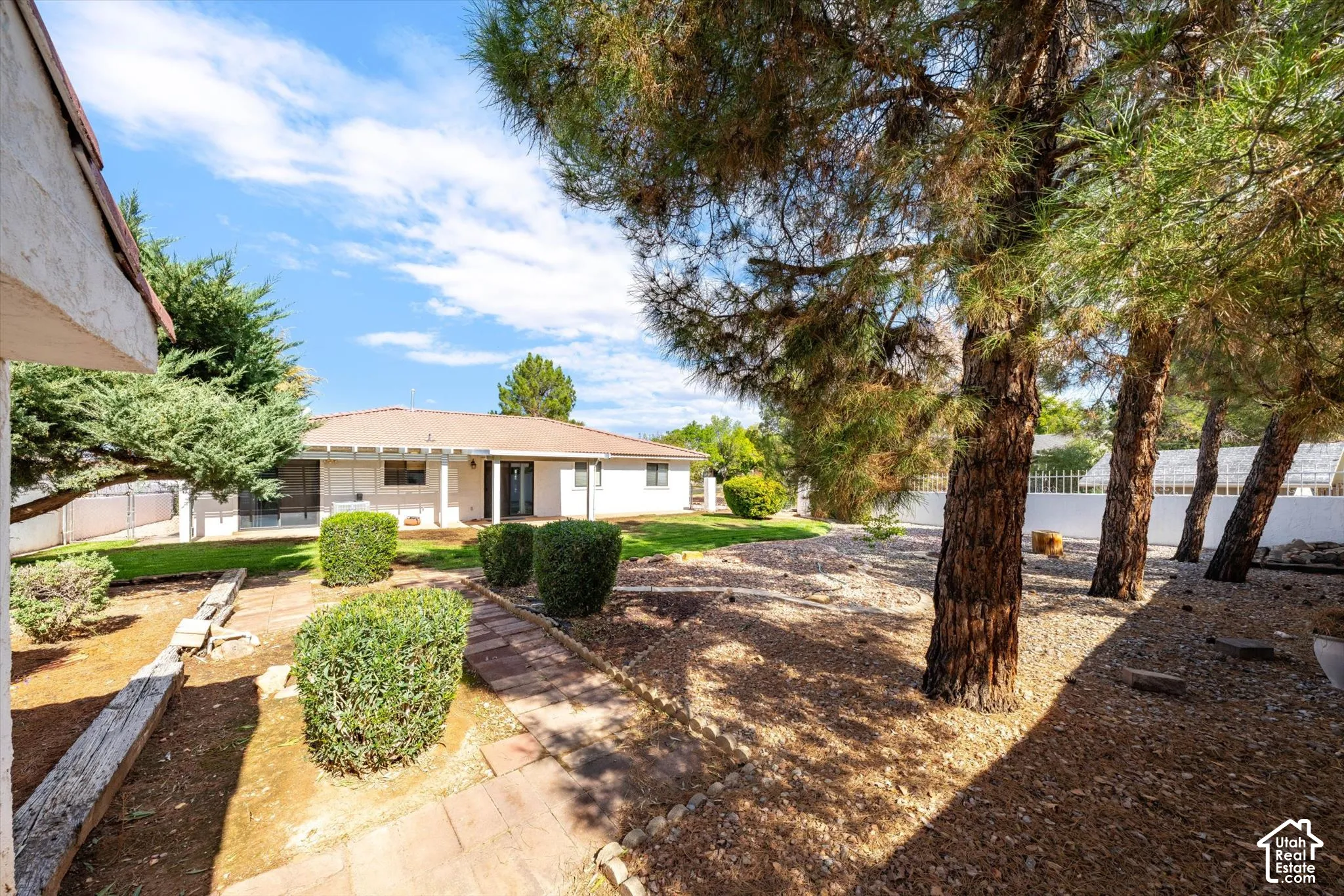 Backyard featuring mature pine trees, paver pathway, manicured shrubbery, grass lawn, and stucco exterior home
