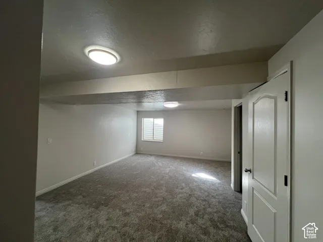 Neutral-toned carpeted flooring, two flush-mount ceiling light fixtures, a single pane window, and an interior door with a paneled design
