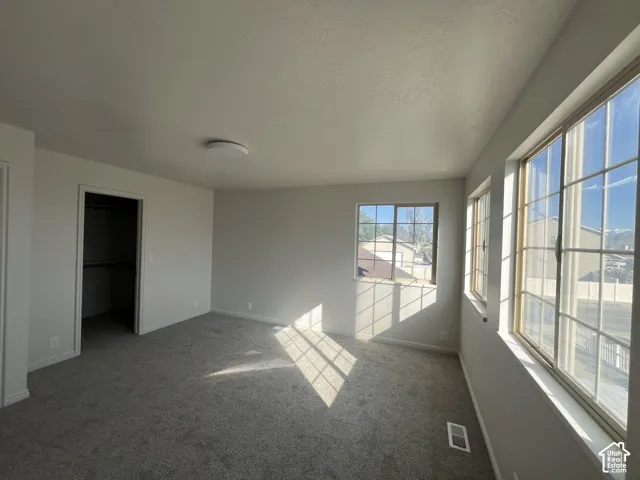 Neutral-toned wall-to-wall carpeting, multiple grid-pattern windows, built-in closet, and flush-mount overhead lighting