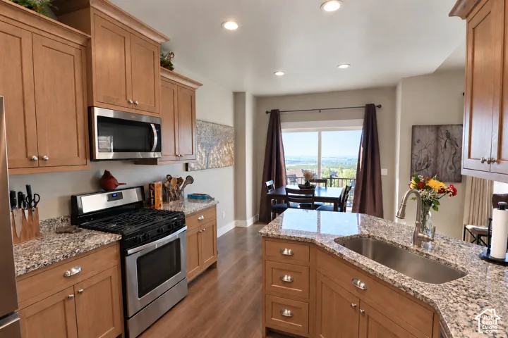 Kitchen featuring shaker-style cabinetry, stone countertops, stainless steel appliances, wood-finish flooring, and recessed lighting