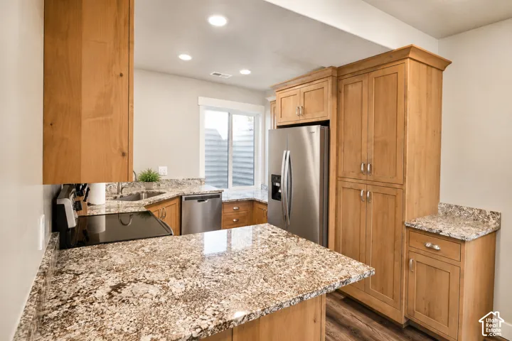 Kitchen featuring light wood cabinetry, stone-patterned countertops, stainless steel appliances, recessed ceiling lighting, and a dual-basin undermount sink