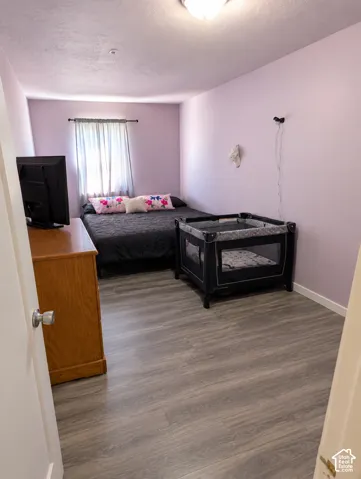 Bedroom featuring wood-finish flooring, a flush-mount ceiling light fixture, and a window with a curtain rod