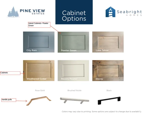 Builder Selection Sheet. Presenting available finish materials and hardware selections for the property
