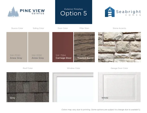Exterior Finishes Specification. Itemizing material and color palettes for the property