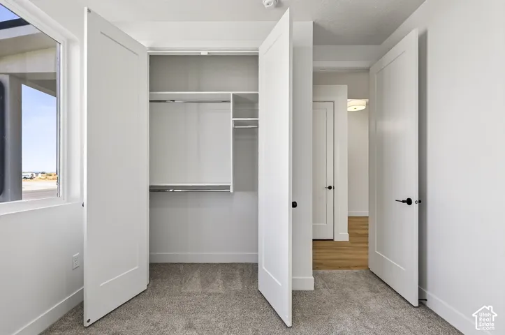 Closet featuring built-in shelving and dual hanging rods, accented by shaker-style interior doors with matte black hardware and wall-to-wall carpeting