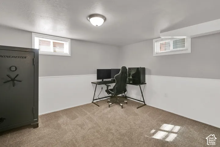 Neutral-toned room featuring neutral wall-to-wall carpeting, two horizontal sliding windows, and a combination of wall paint and wainscoting