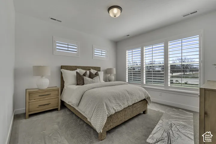 Neutral-toned room featuring wall-to-wall carpeting, multiple windows fitted with white plantation shutters, and a central ceiling-mounted light fixture