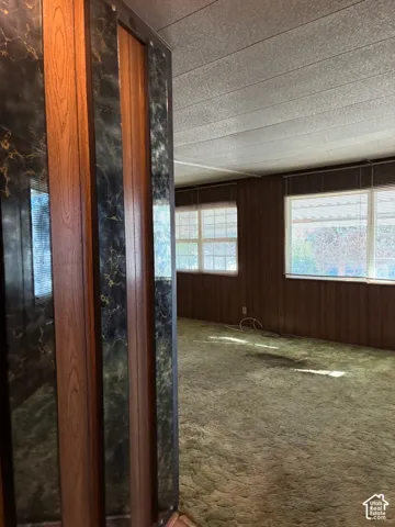 Interior space featuring wood-paneled walls, floor-to-ceiling decorative accent paneling with a stone-pattern finish, dual-aspect windows, and wall-to-wall carpeting