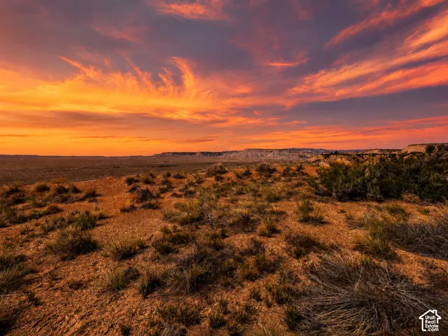 Expansive desert terrain featuring native scrub vegetation and distant mountain silhouettes under a vibrant sunset sky