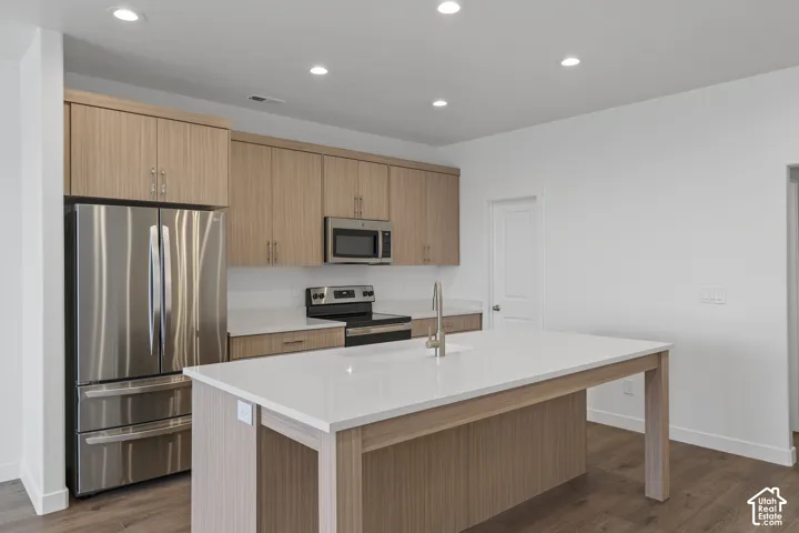 Kitchen featuring flat-panel melamine cabinetry, quartz countertops, stainless steel appliances, a center island with a built-in sink, and recessed lighting