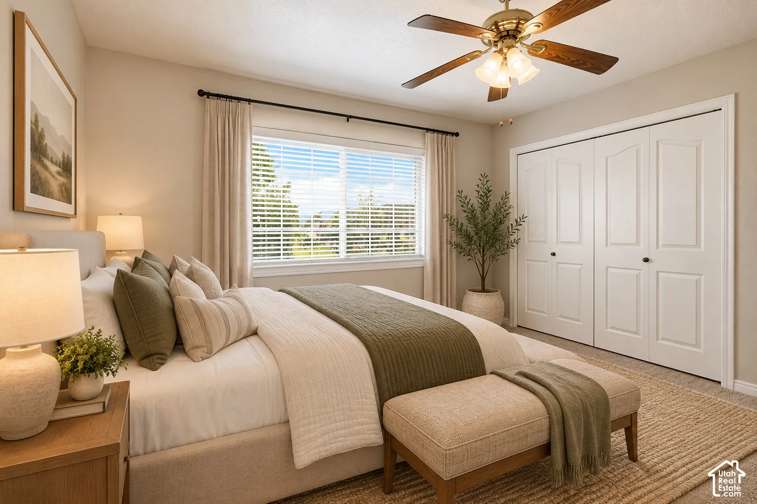 Room featuring neutral-toned walls, ceiling fan with integrated lighting, dual-panel closet doors, and a multi-pane window with wood-blind window treatments