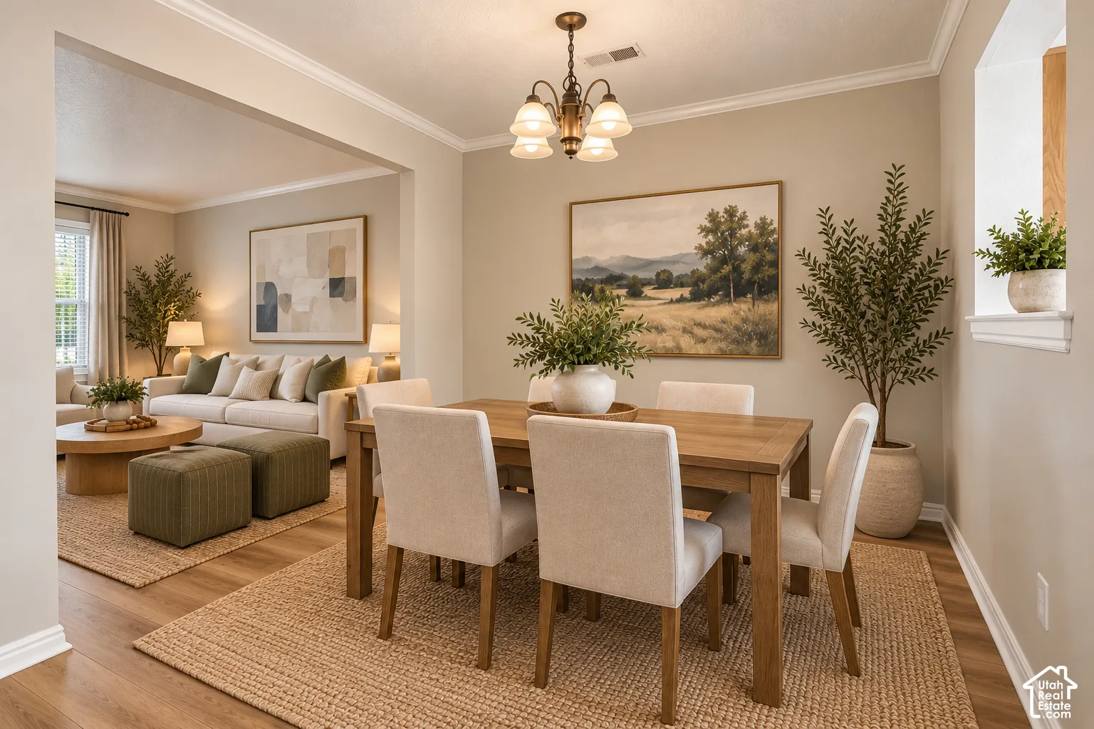 Wood-finish flooring, crown molding, and an overhead multi-light chandelier