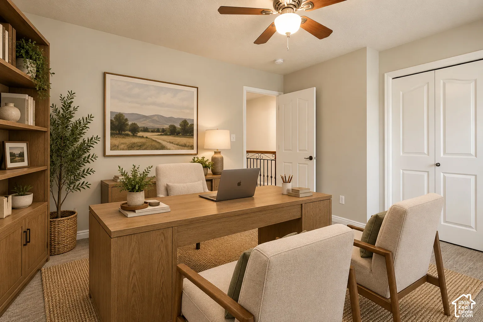 Built-in shelving unit, ceiling fan with integrated lighting, dual-panel closet doors, and neutral wall color