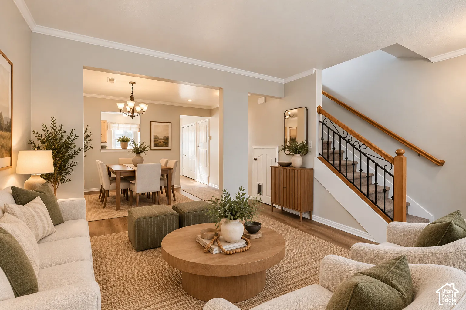 Living area featuring wood-finish flooring, staircase with wrought iron railing and wooden handrail, crown molding, and neutral wall tones