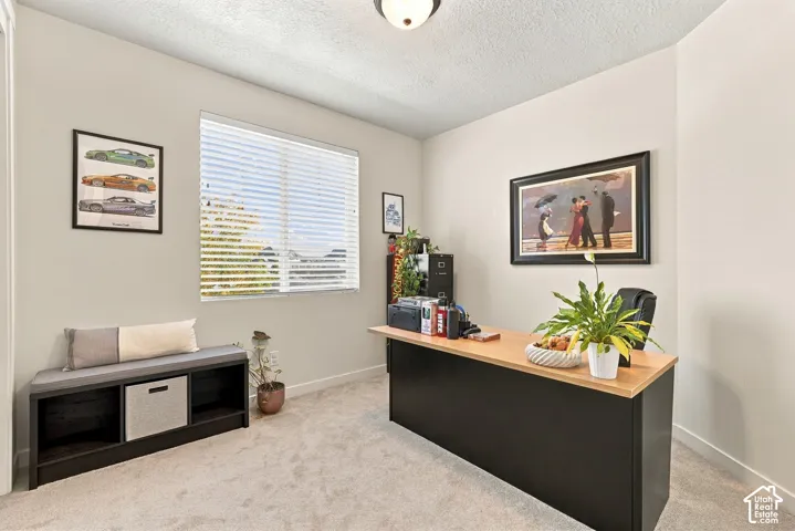Room featuring neutral-toned carpeting, a window with horizontal blinds, and a central ceiling-mounted light fixture