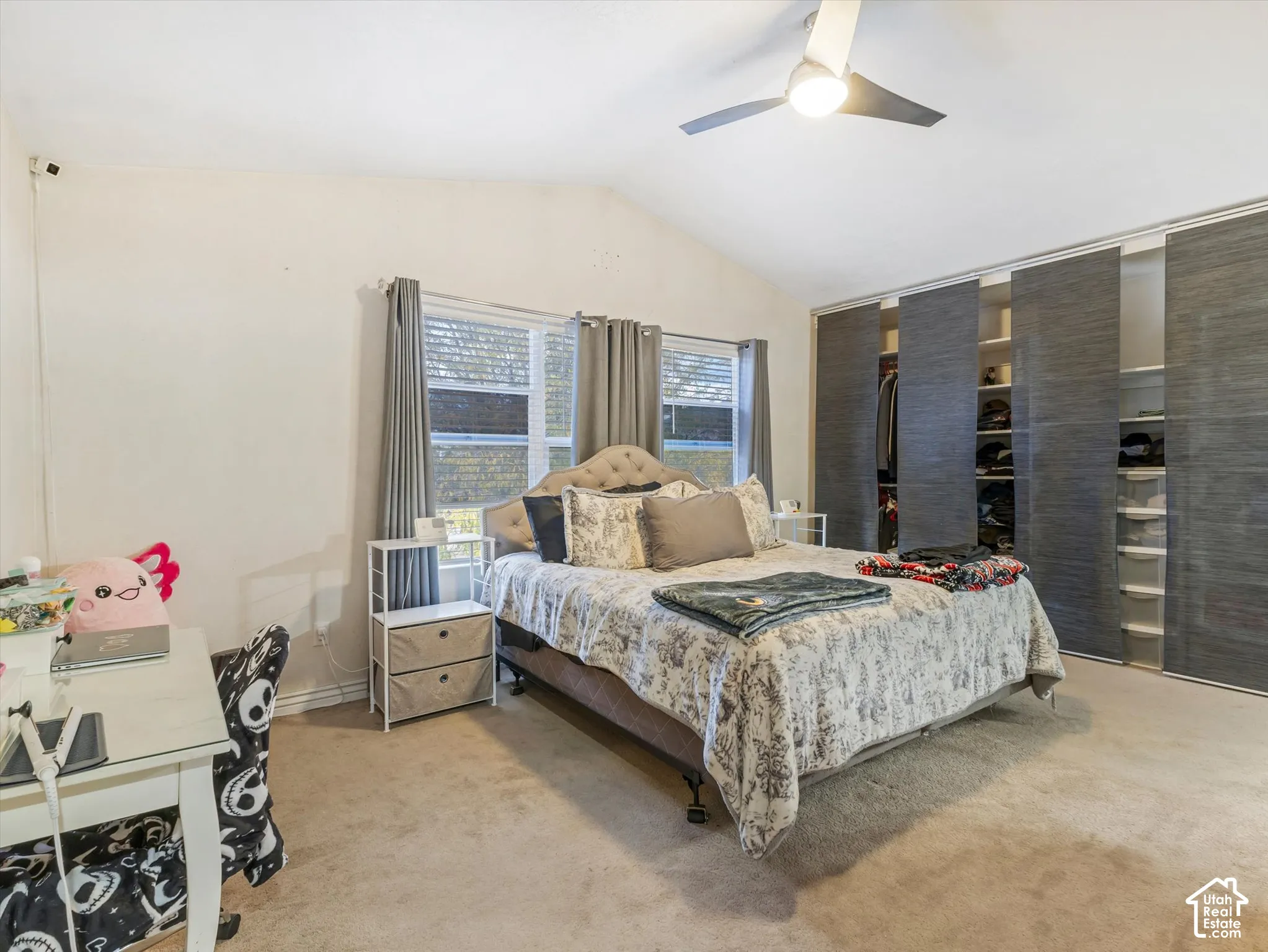 Vaulted ceilings, large windows with multi-pane glazing, and built-in floor-to-ceiling sliding door wardrobe storage
