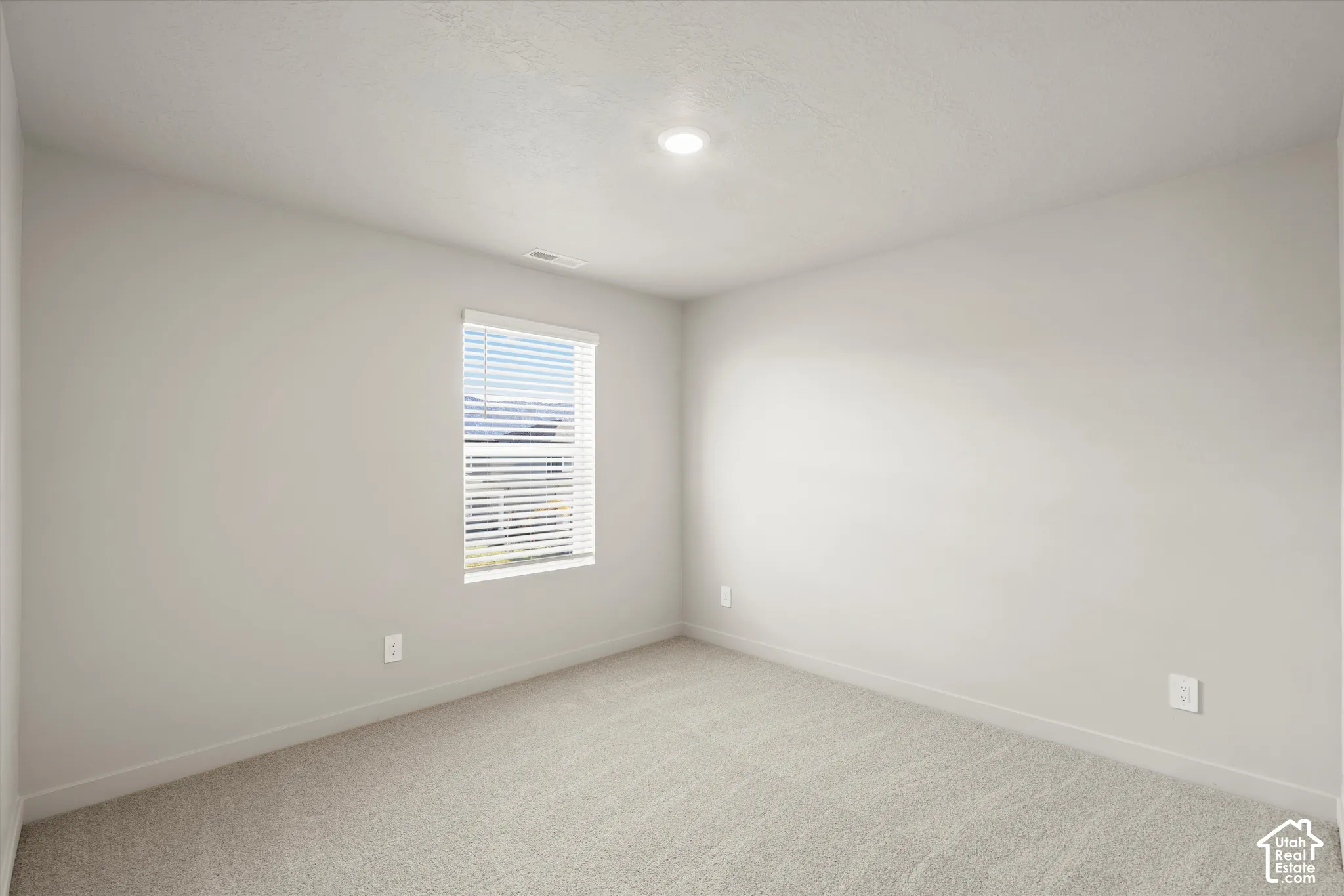 Interior space featuring neutral-toned carpeting, recessed ceiling lighting, and a single-pane window with horizontal blinds