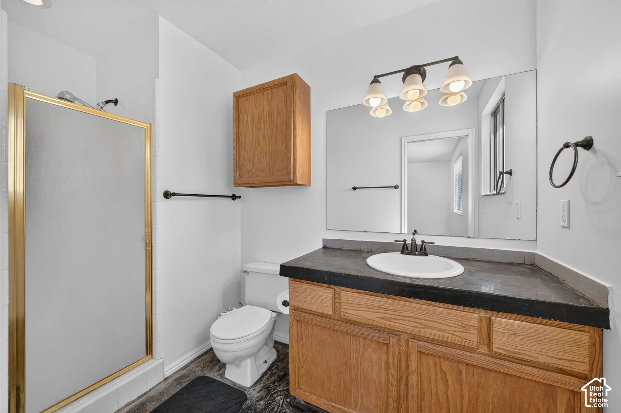Full bathroom featuring a shower with gold-tone enclosure, wood-finish vanity with dark countertop, built-in wooden wall cabinetry, large mirror, and three-light vanity fixture