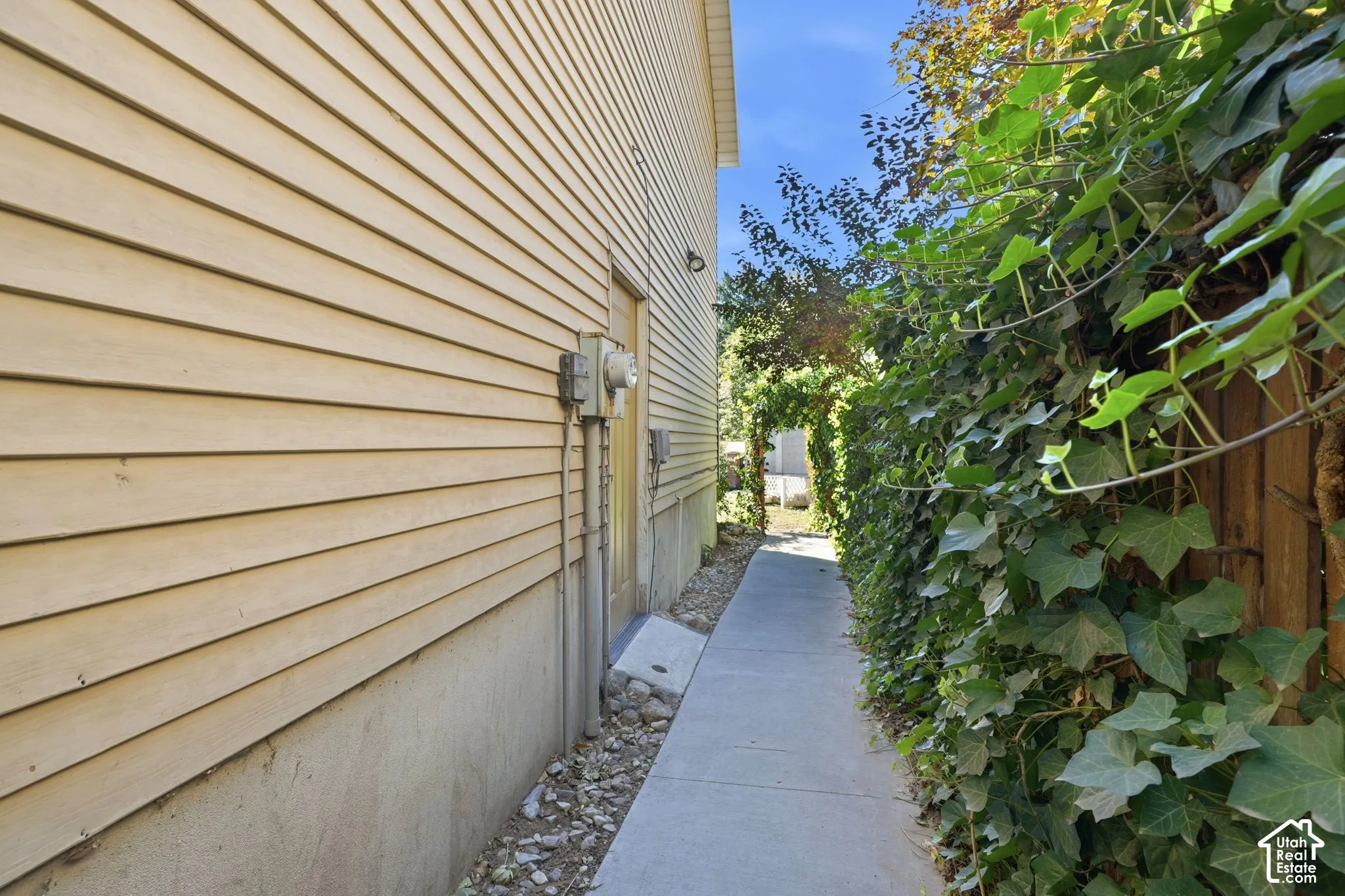Exterior side passage featuring horizontal lap siding, concrete foundation, paved walkway, and natural vegetation