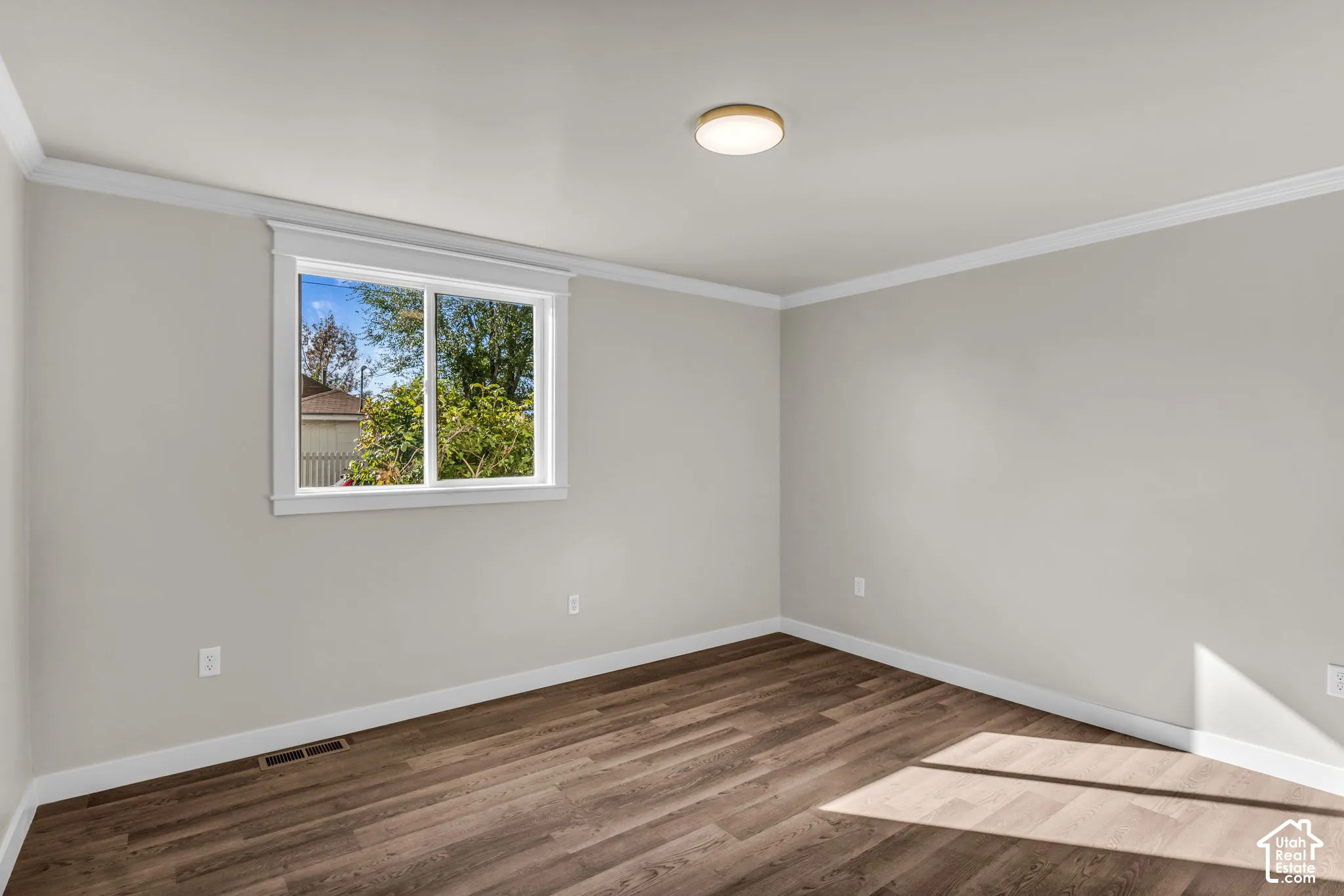 Light-toned walls, crown molding, wood-finish flooring, and a flush-mount ceiling light