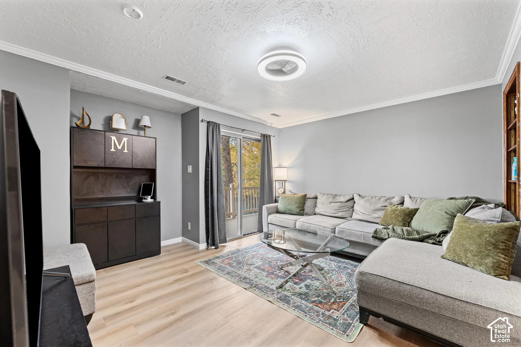 Living area featuring light-toned wood-finish flooring, a built-in dark cabinetry unit, crown molding, a circular flush-mount ceiling light, and a sliding glass door