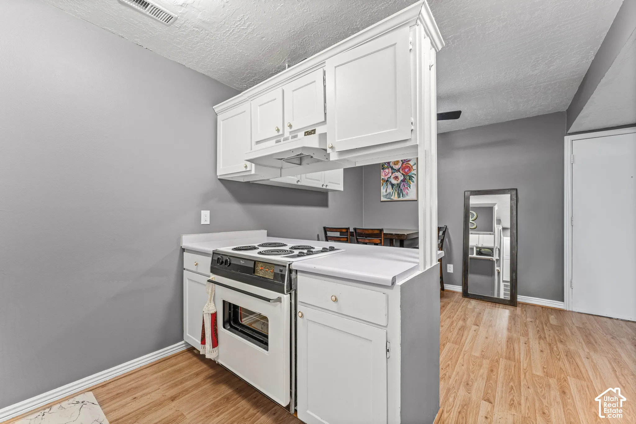 Kitchen area featuring white shaker-style cabinetry, a white electric range, wood-finish flooring, and a passthrough partition