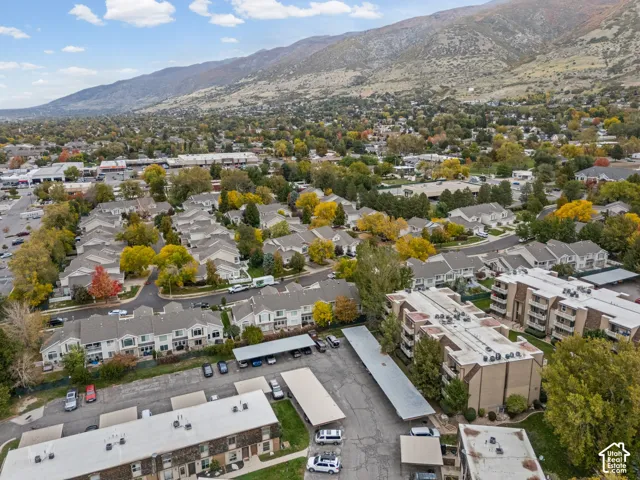Aerial perspective of multi-family residences featuring covered parking structures and mature deciduous trees, set against a prominent mountain backdrop