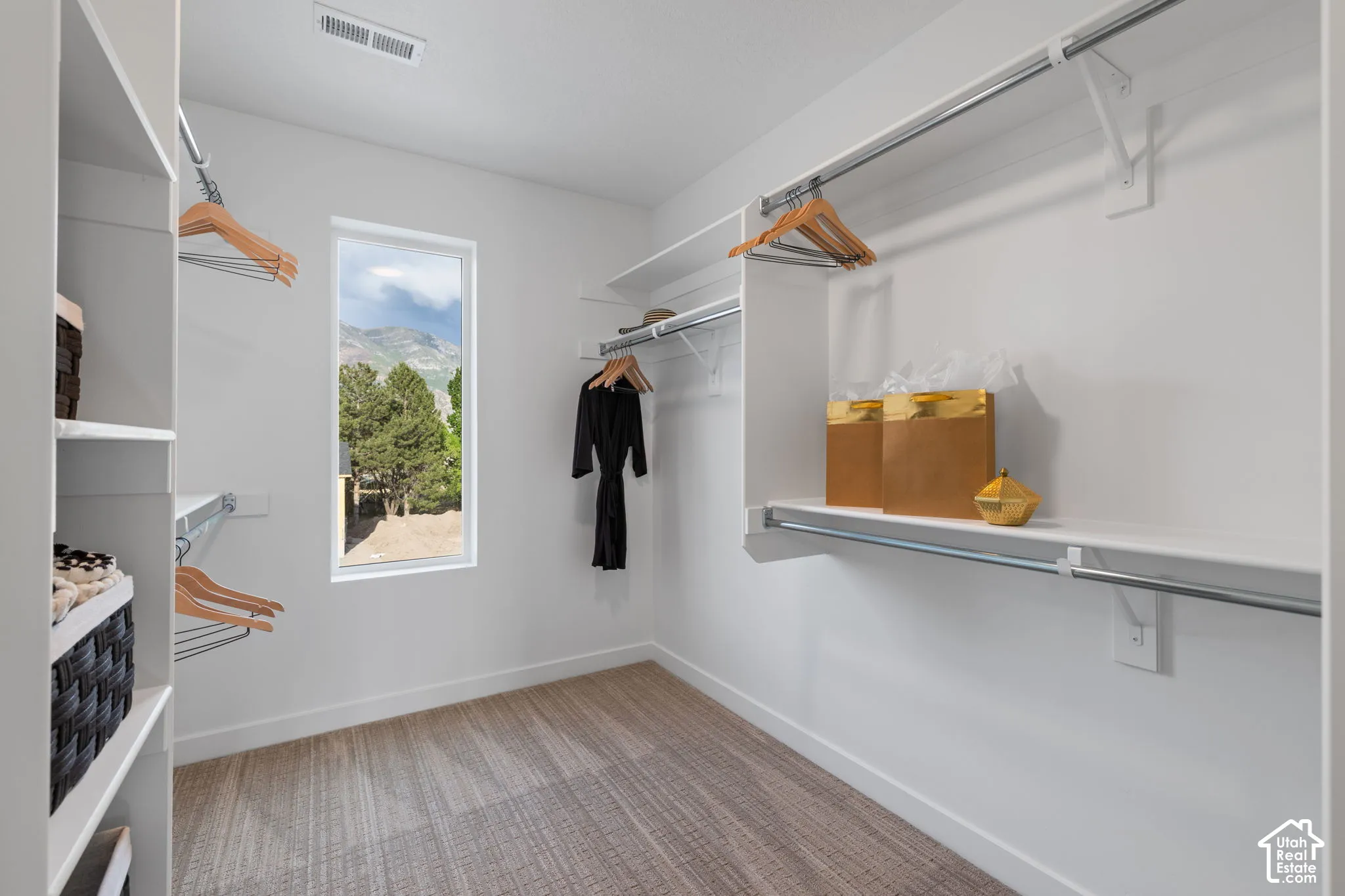 Walk-in closet featuring floor-to-ceiling white shelving, dual-level hanging rods, patterned carpeting, and an exterior window with mountain scenery