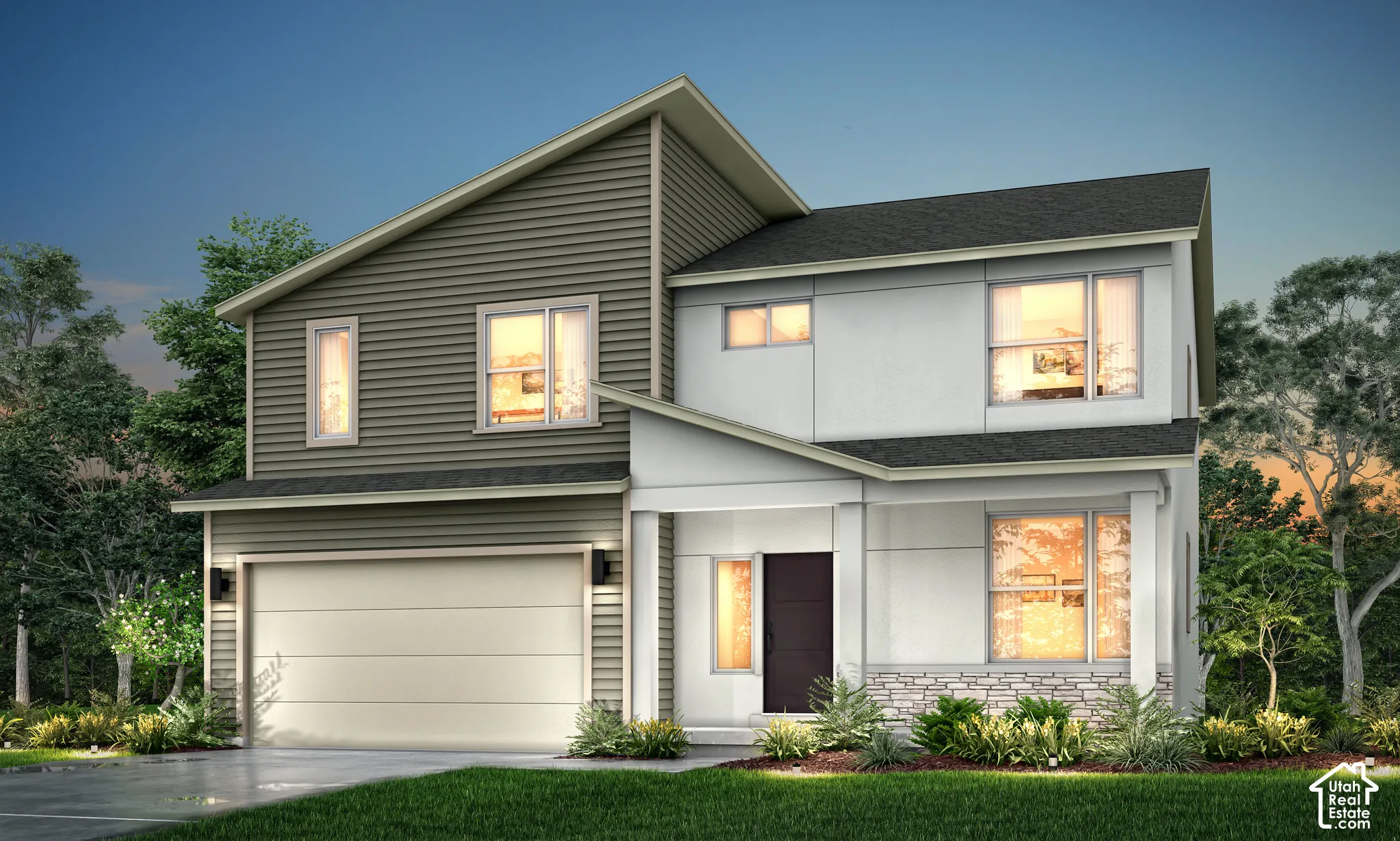Two-story exterior featuring multi-textured siding, a shed-style roofline, a stone veneer accent wall, and an attached two-car garage
