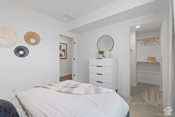 Neutral-toned carpeted flooring, white walls, and a walk-in closet featuring built-in shelving