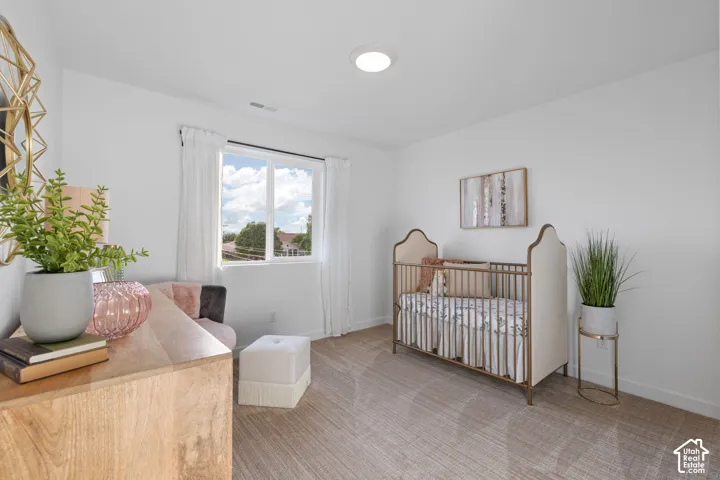 Neutral-toned interior space featuring light-colored wall paint, textured neutral carpeting, and a dual-pane sliding window