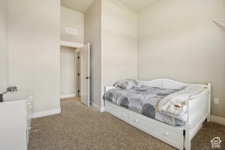 High-ceiling interior featuring neutral wall tones and wall-to-wall carpeting