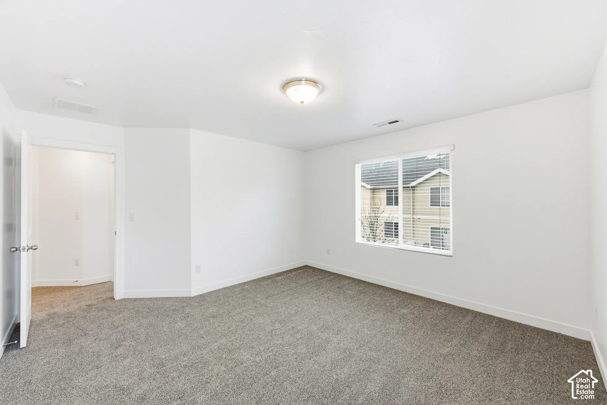 Neutral-toned wall paint, plush carpeting, a multi-pane window, and a flush-mount ceiling fixture