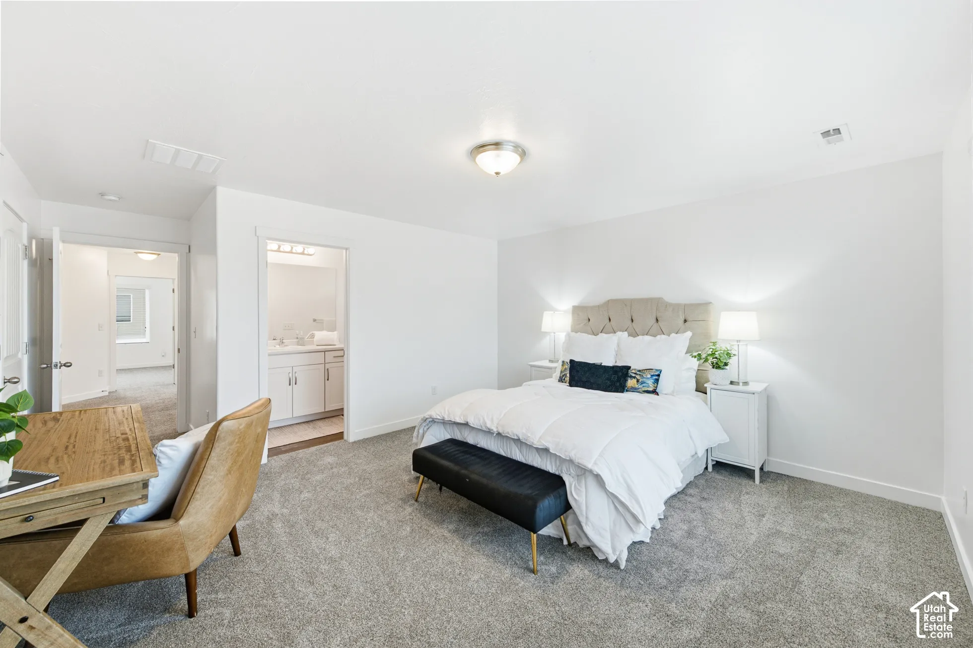 Neutral-toned wall-to-wall carpeting and neutral wall finish throughout the space, punctuated by a ceiling-mounted light fixture and multi-panel doors