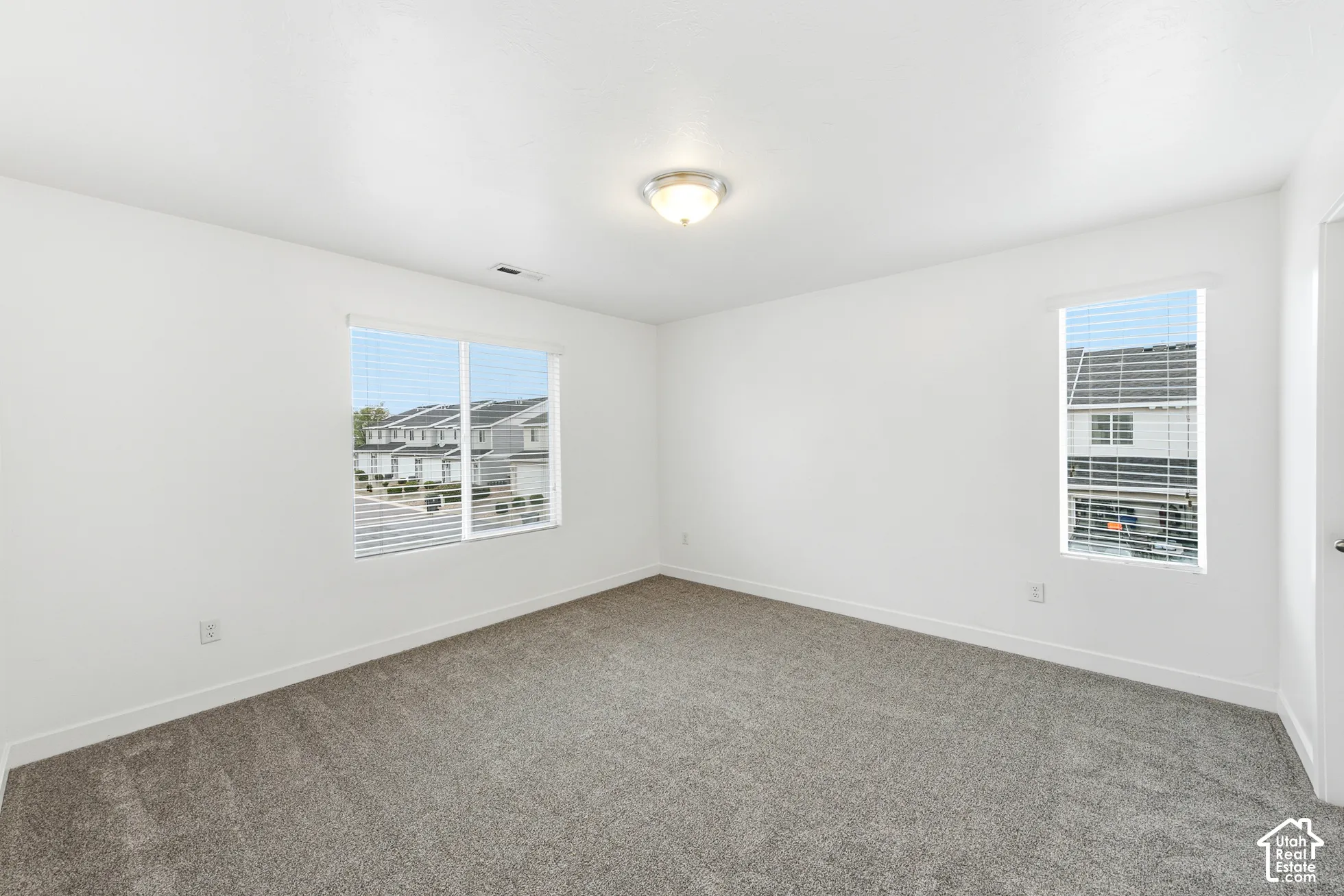 Neutral wall paint, plush carpeting, ceiling-mounted light fixture, and windows with horizontal blinds