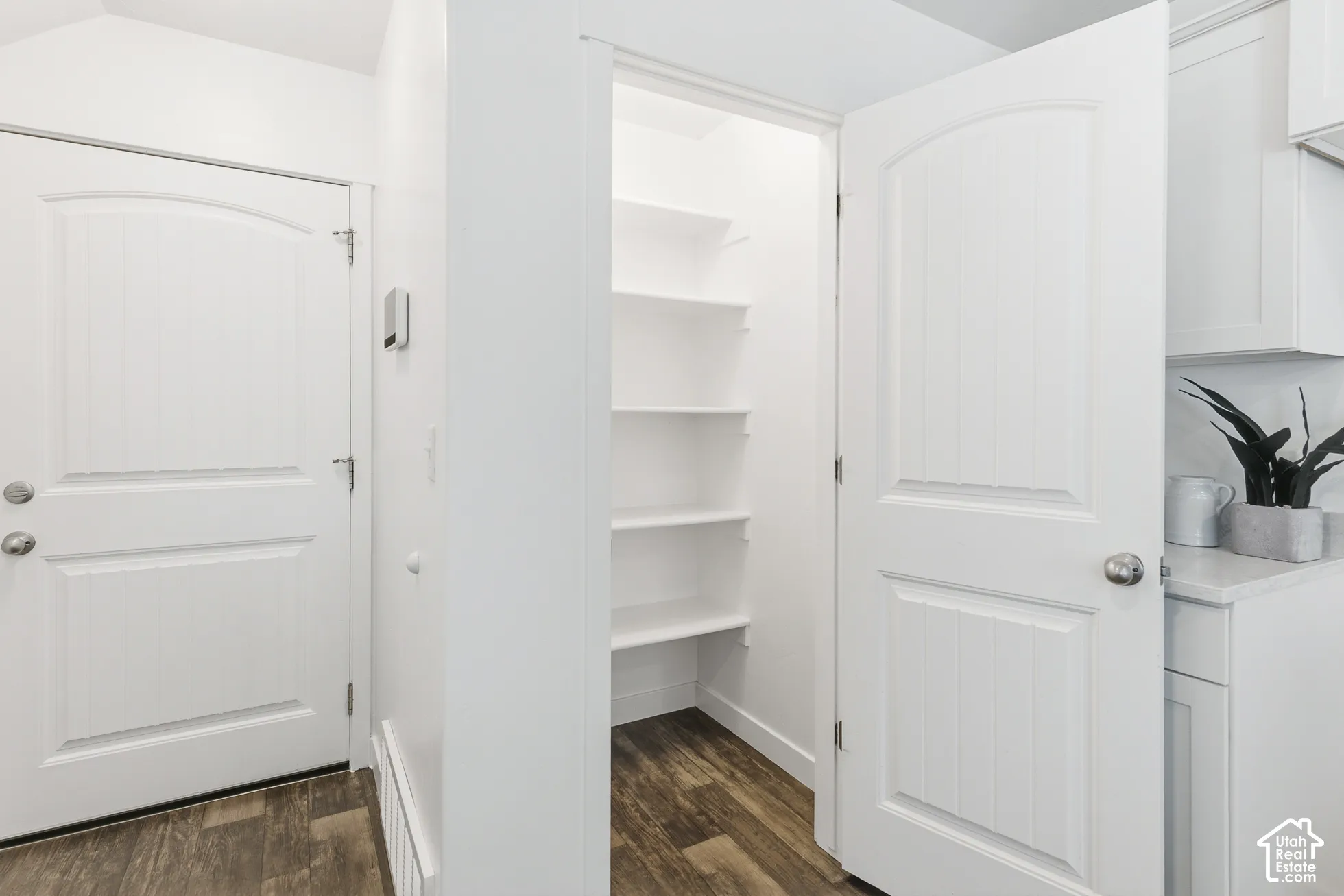 Walk-in pantry featuring white shelving and wood-finish flooring, accompanied by two-panel interior doors and crisp white cabinetry