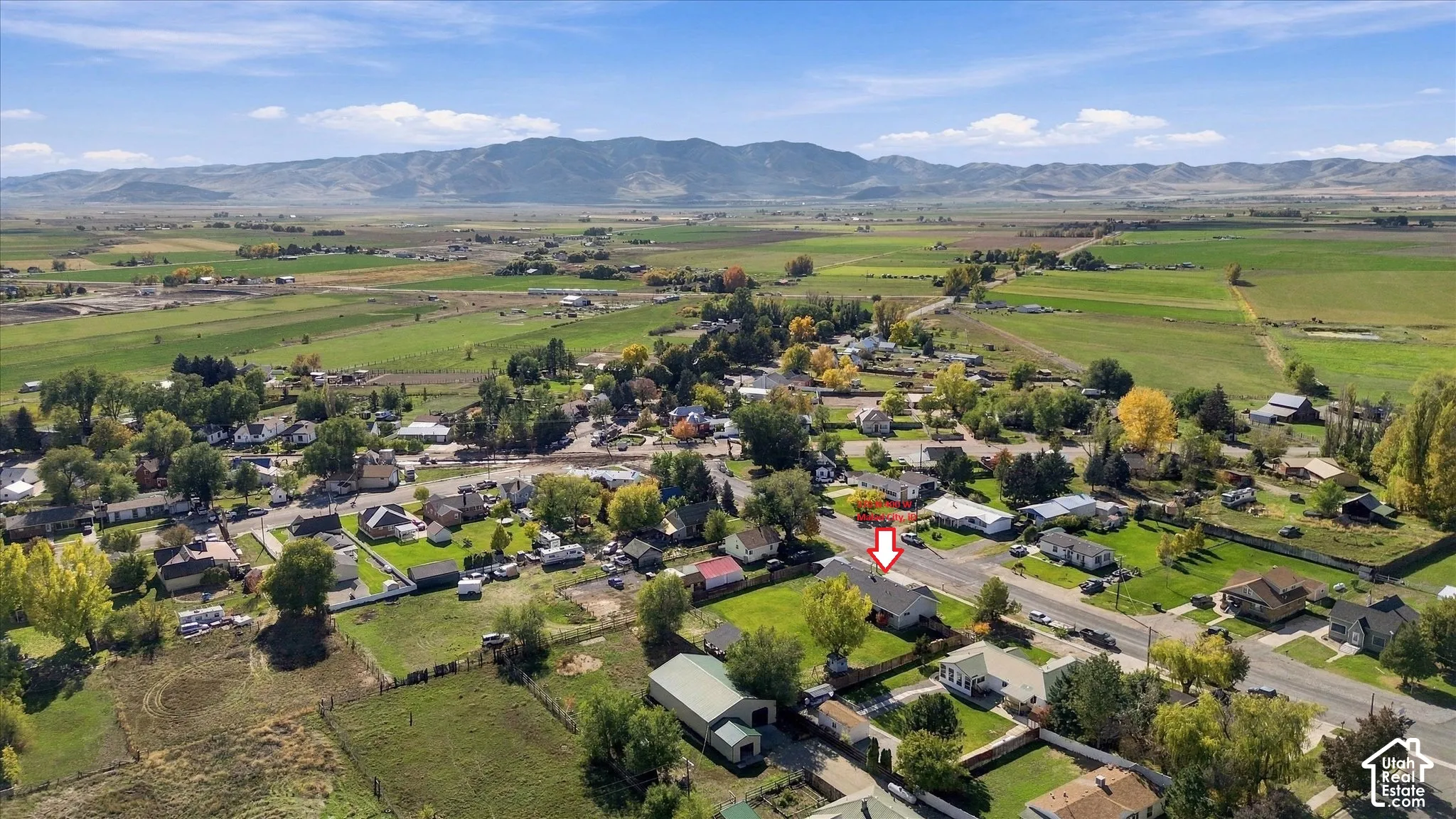 Aerial perspective of property featuring open acreage, mature trees, and a mountain backdrop