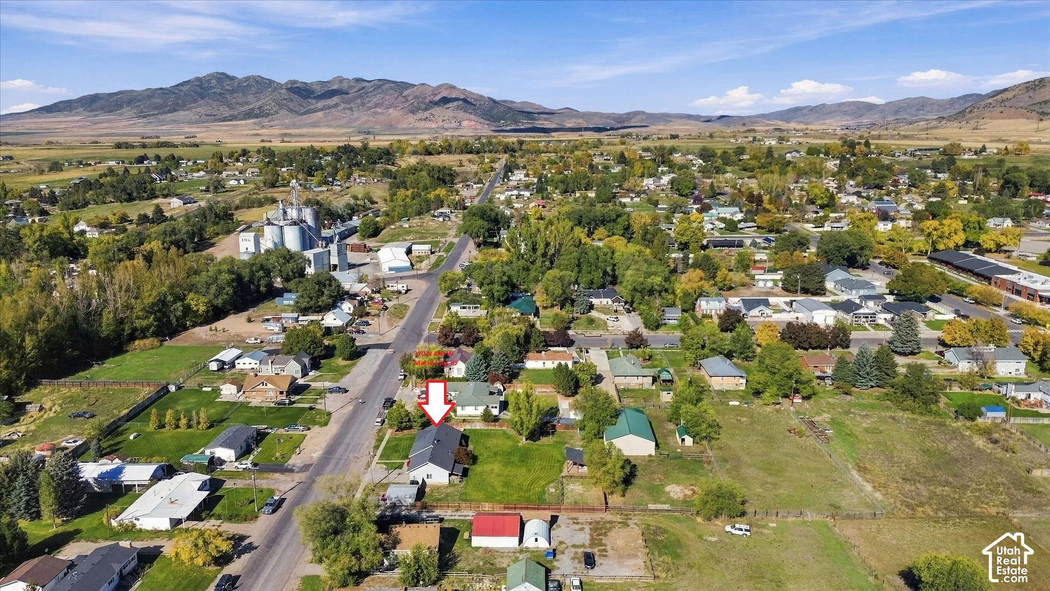 Aerial perspective showcasing a residential lot with a detached structure, expansive lawn, mature trees, and mountainous terrain in the distance