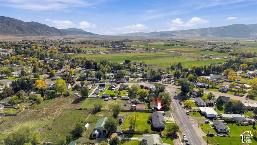 Aerial perspective featuring residential lot with detached structure, asphalt-shingled roofing, mature trees, and mountain backdrop