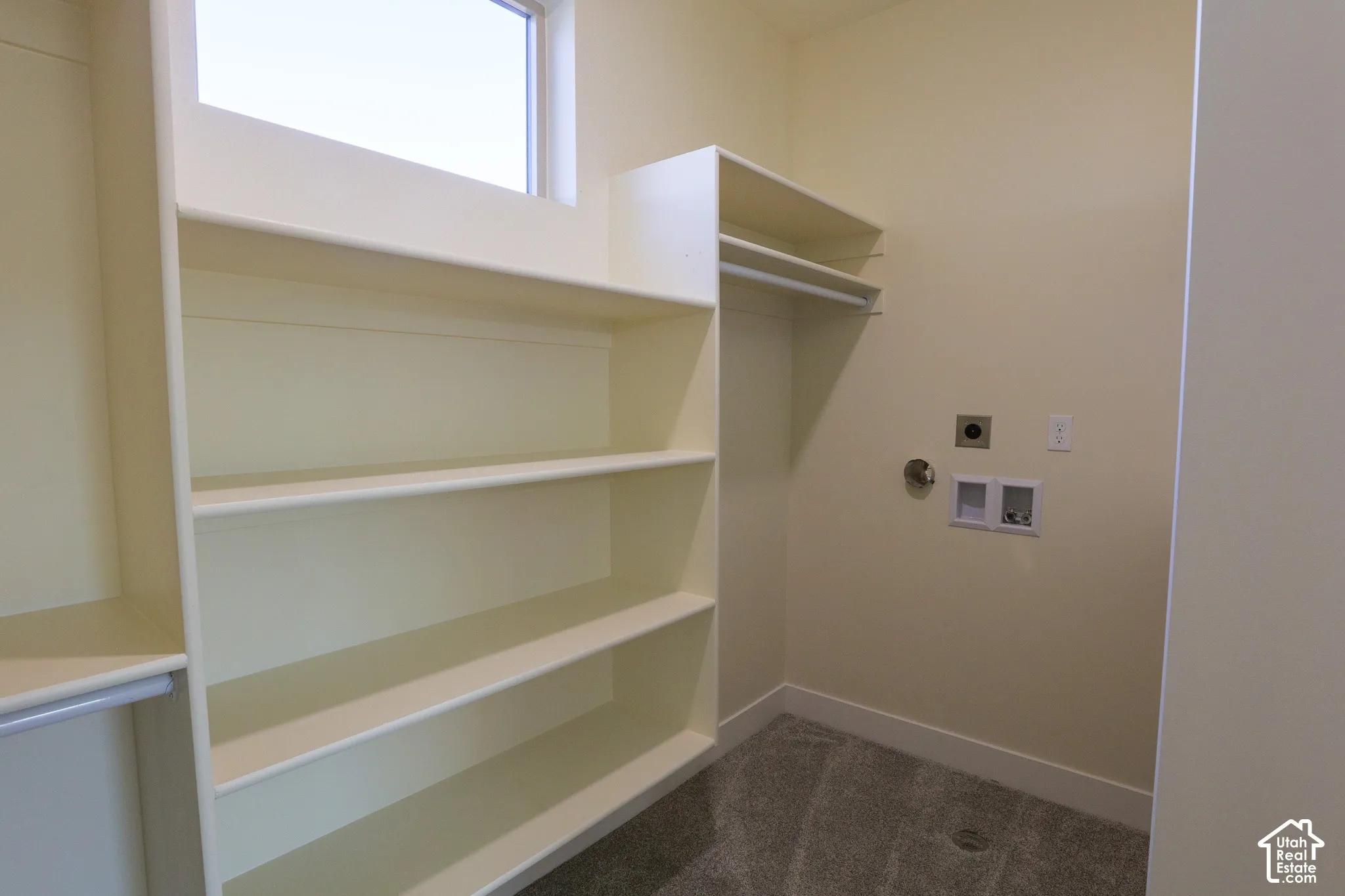 Utility space featuring built-in multi-tier shelving, a fixed clothing rod, carpeted flooring, and a window for natural light
