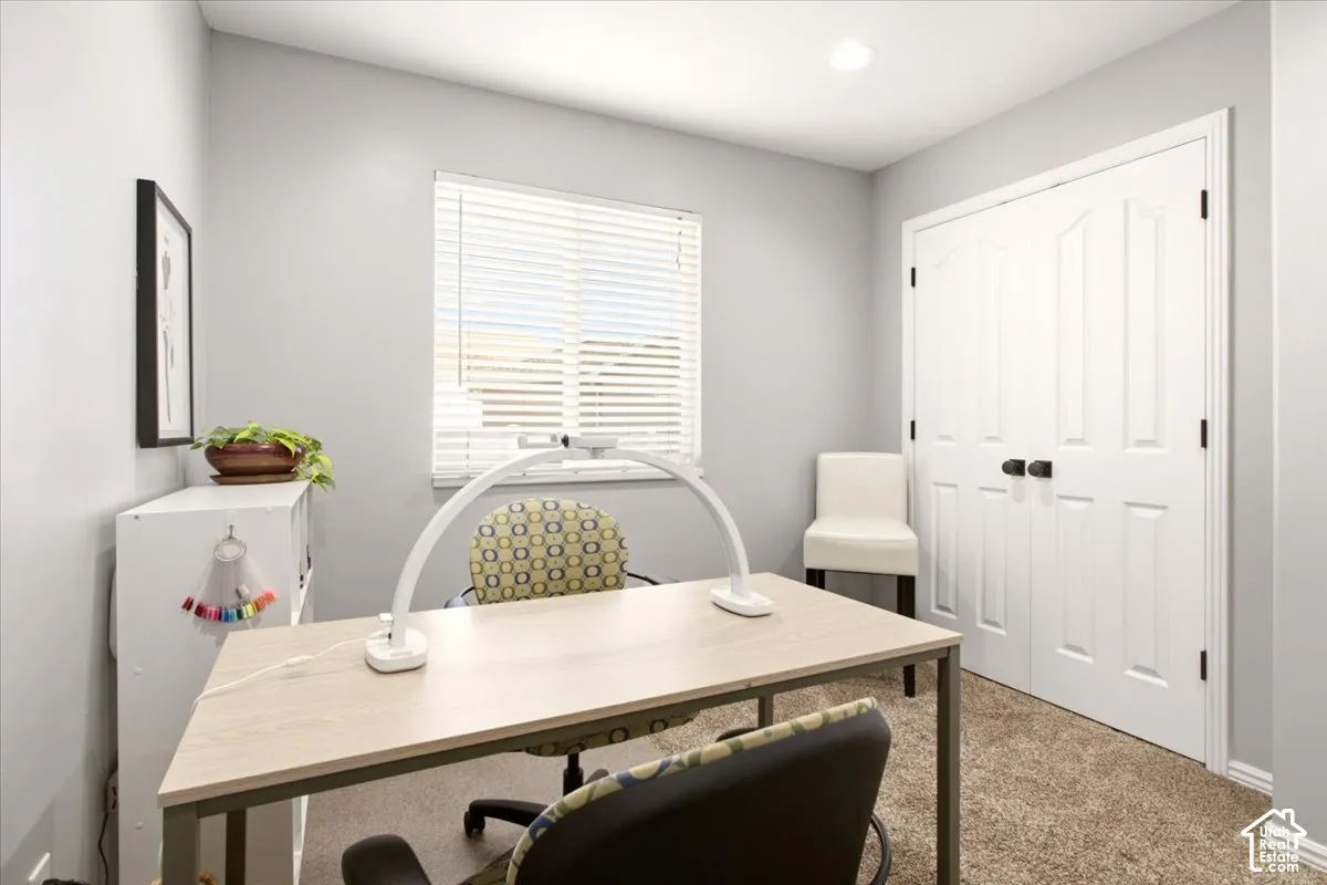 Neutral-toned interior featuring textured carpeting, double-panel closet doors with matte black hardware, and an expansive window with slatted blinds