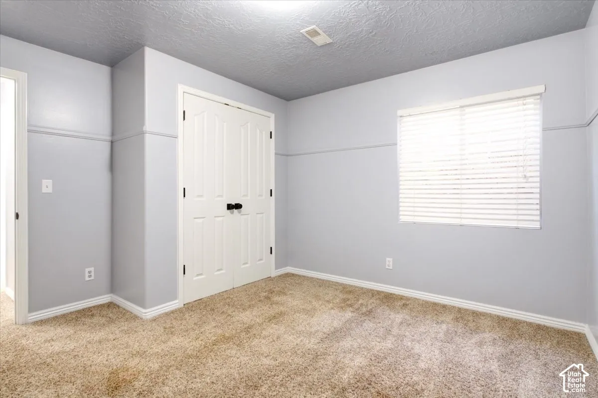 Neutral-toned walls featuring a horizontal chair rail, carpeted flooring, double-door closet with dark hardware, and a window fitted with white horizontal blinds