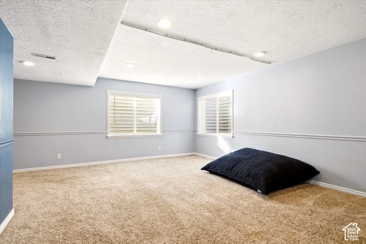 Neutral-toned room featuring carpeted flooring, chair rail molding, dual windows with horizontal blinds, and recessed lighting