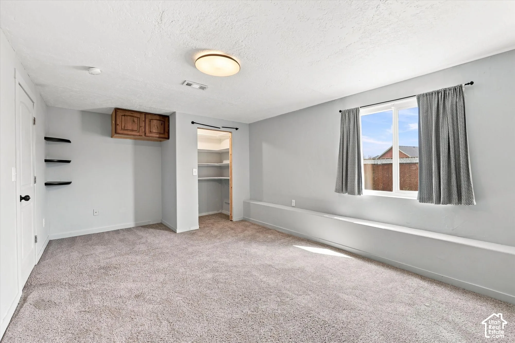 Interior space featuring neutral-toned carpeting, built-in shelving, overhead cabinetry, a walk-in storage area with fixed shelving, and a horizontal architectural ledge