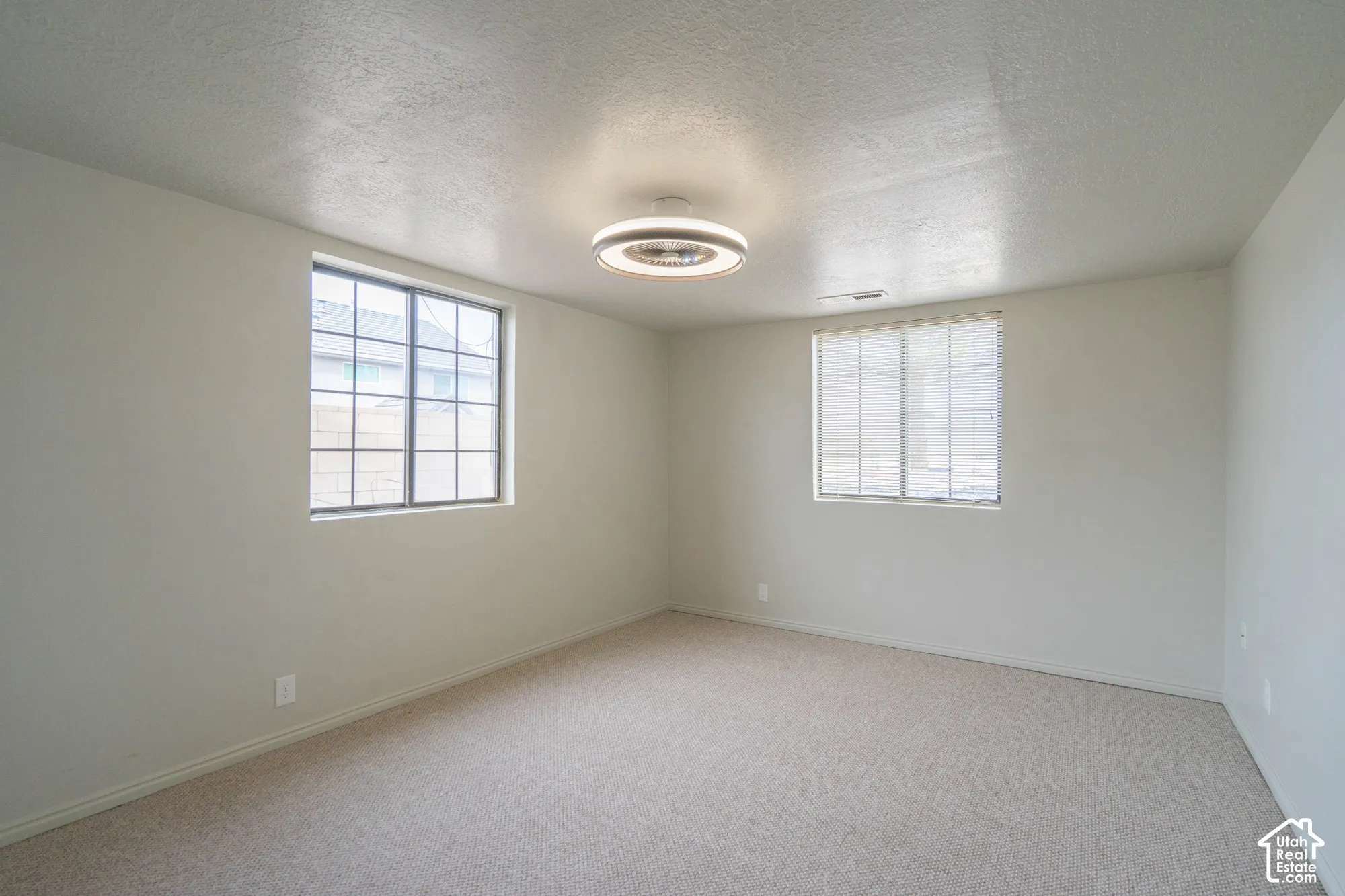 Spacious room featuring neutral carpeting, two windows, and a modern ceiling light fixture