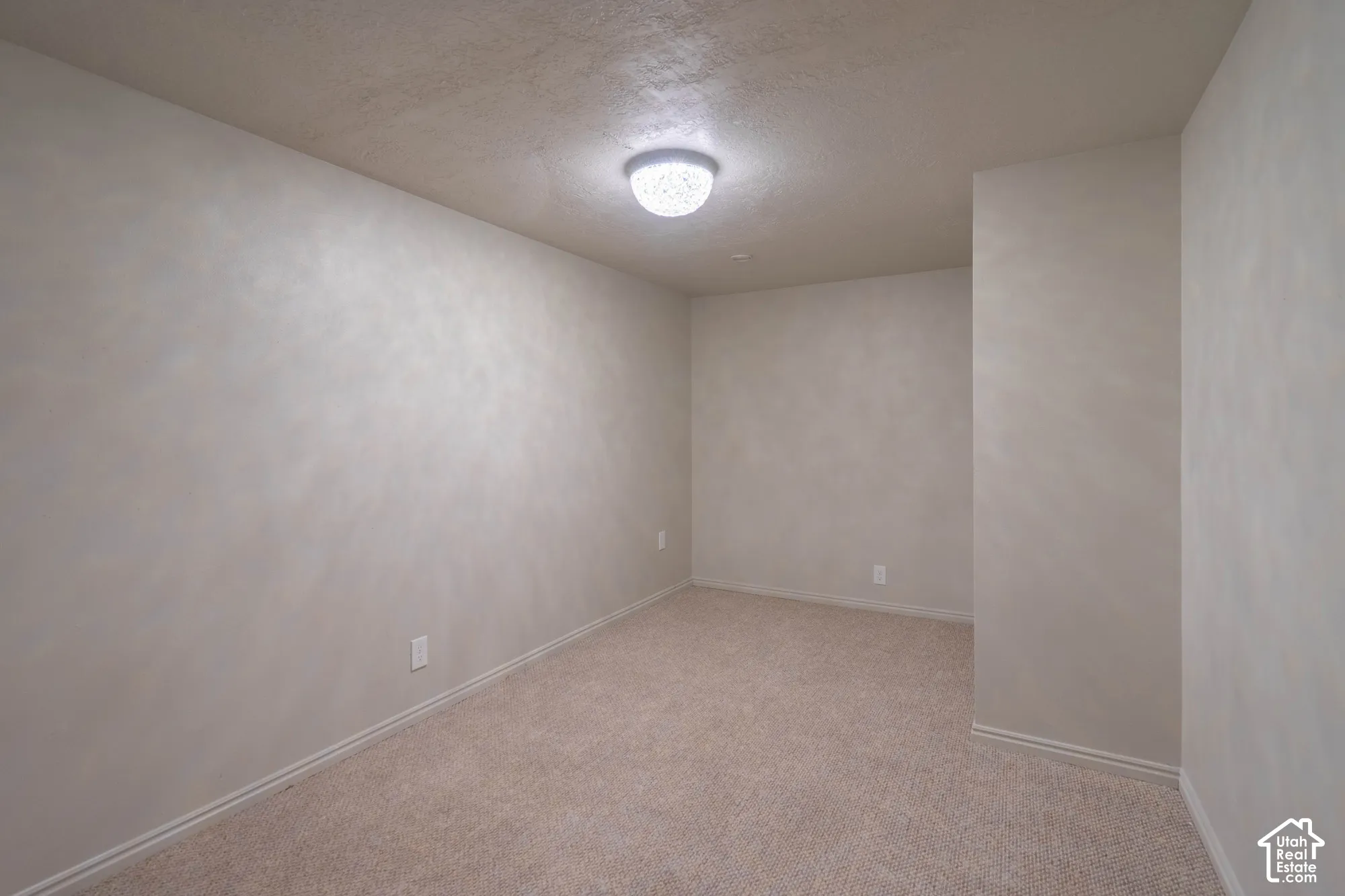 Carpeted interior space with light-toned walls and a flush-mount ceiling light