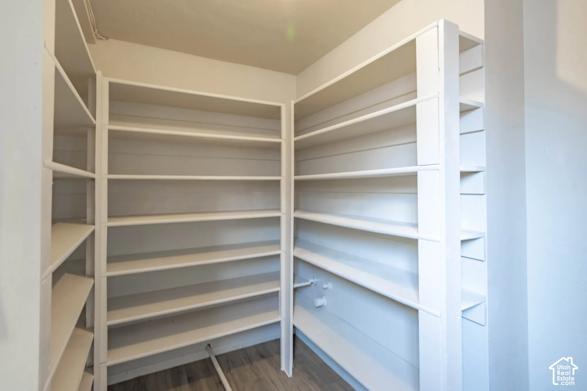 Built-in shelving units, extensive storage capacity, wood-finish flooring