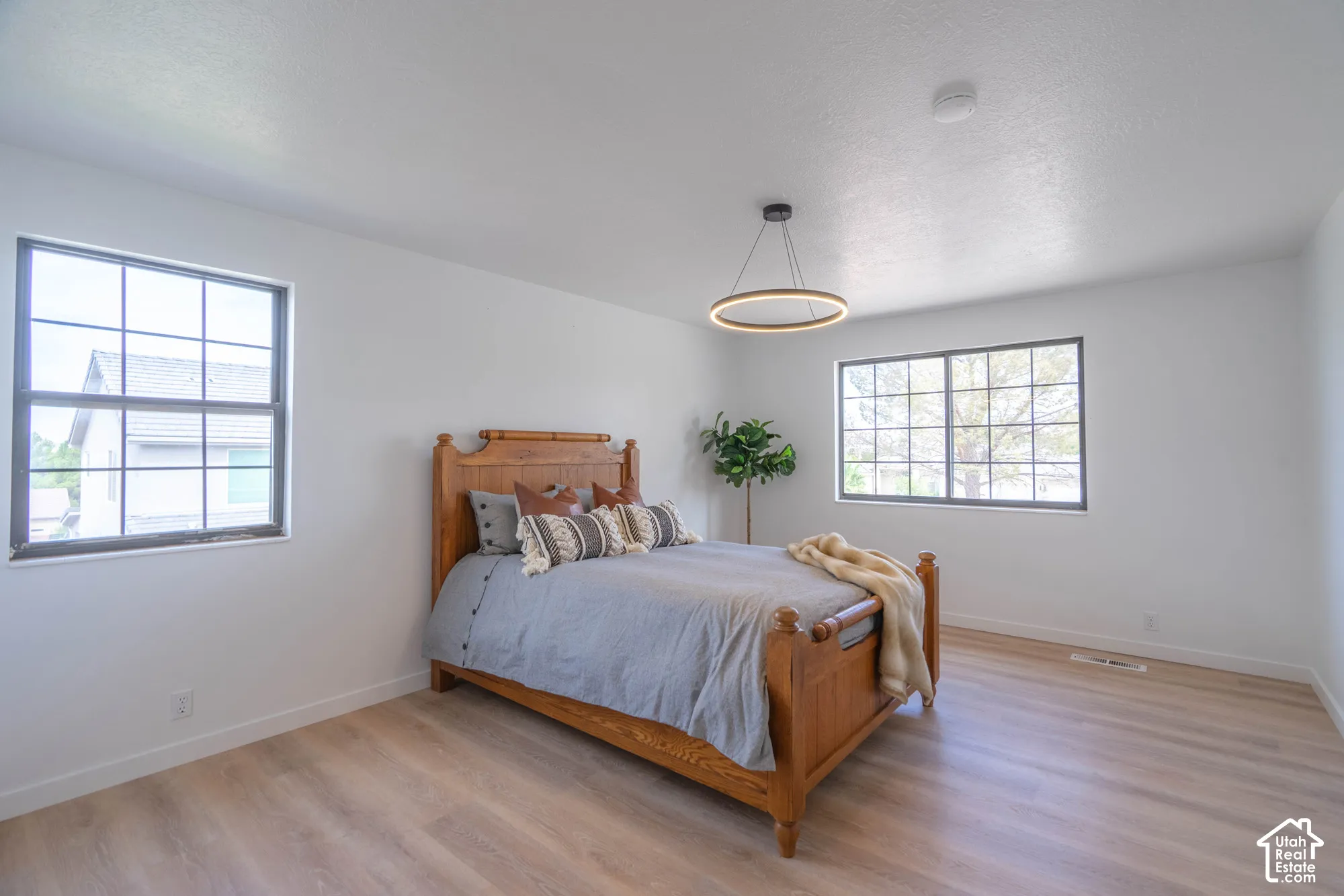 Light wood-finish flooring, white painted walls, and dark-framed windows
