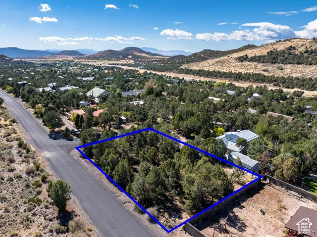 Rectangular lot featuring mature juniper trees, direct paved road frontage, and mountainous horizon